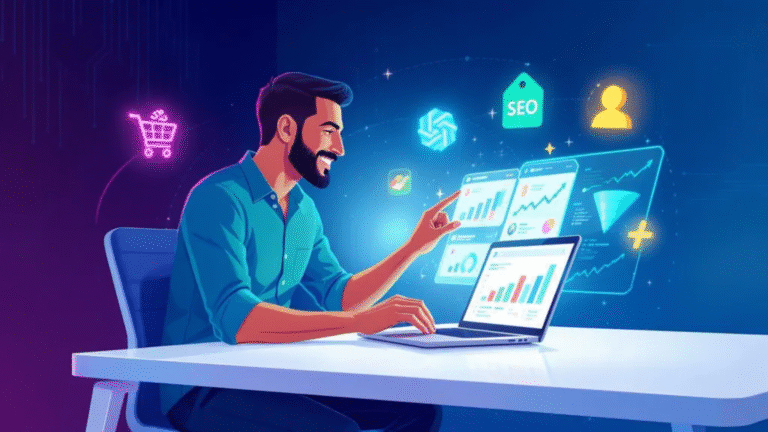 E-ticarette marka bilinirliği çalışmaları yapan dijital bir girişimci, masaüstünde sosyal medya ve SEO analizleriyle