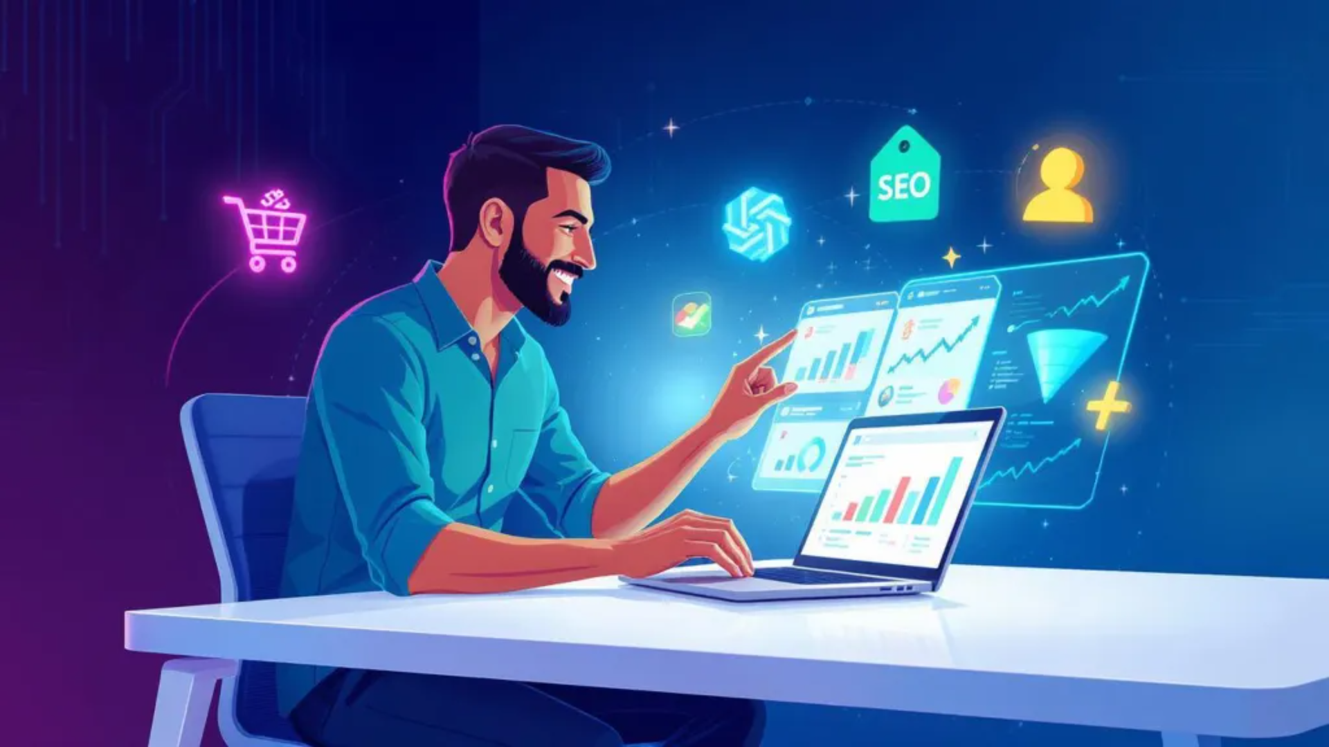 E-ticarette marka bilinirliği çalışmaları yapan dijital bir girişimci, masaüstünde sosyal medya ve SEO analizleriyle